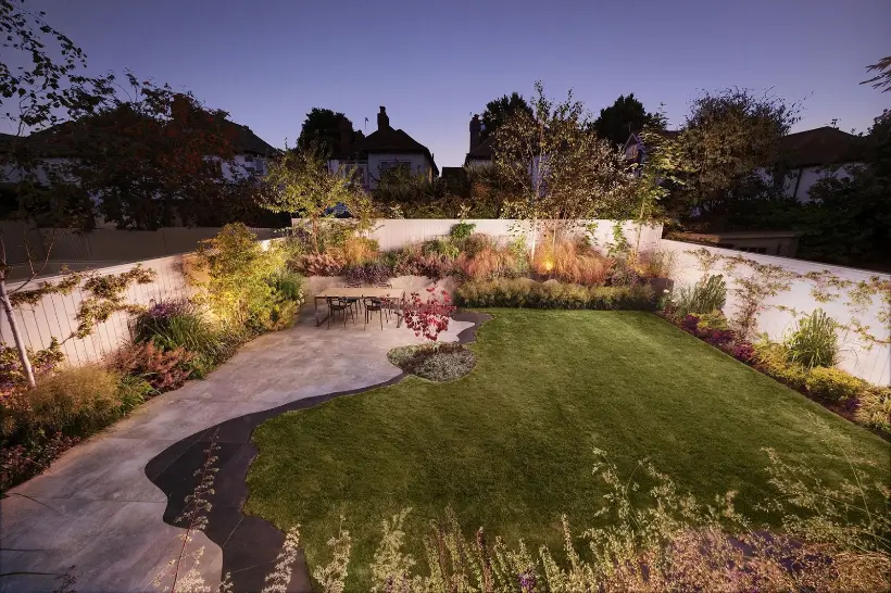 outdoor garden design, showcasing lighting in a garden at night